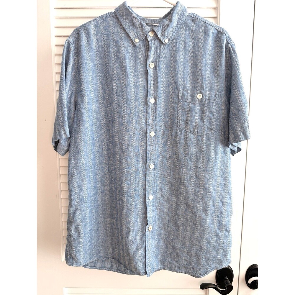 Weatherproof Vintage Mens Medium Blue Striped Washable Linen Button Down Shirt